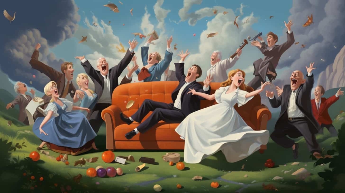 An illustration of an old timey religious cult dancing on and around an outdoor couch with jubilation