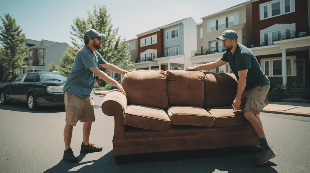 Two men struggling to move an older couch