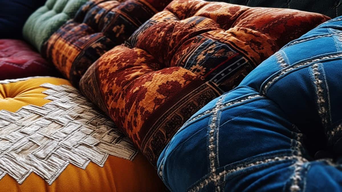 Different color fabrics pillows on sofa
