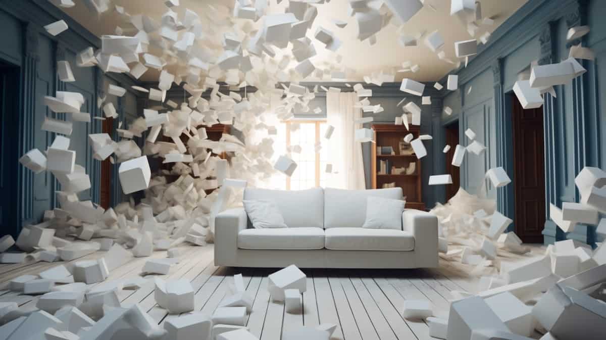 Foam flying all around a couch in the living room