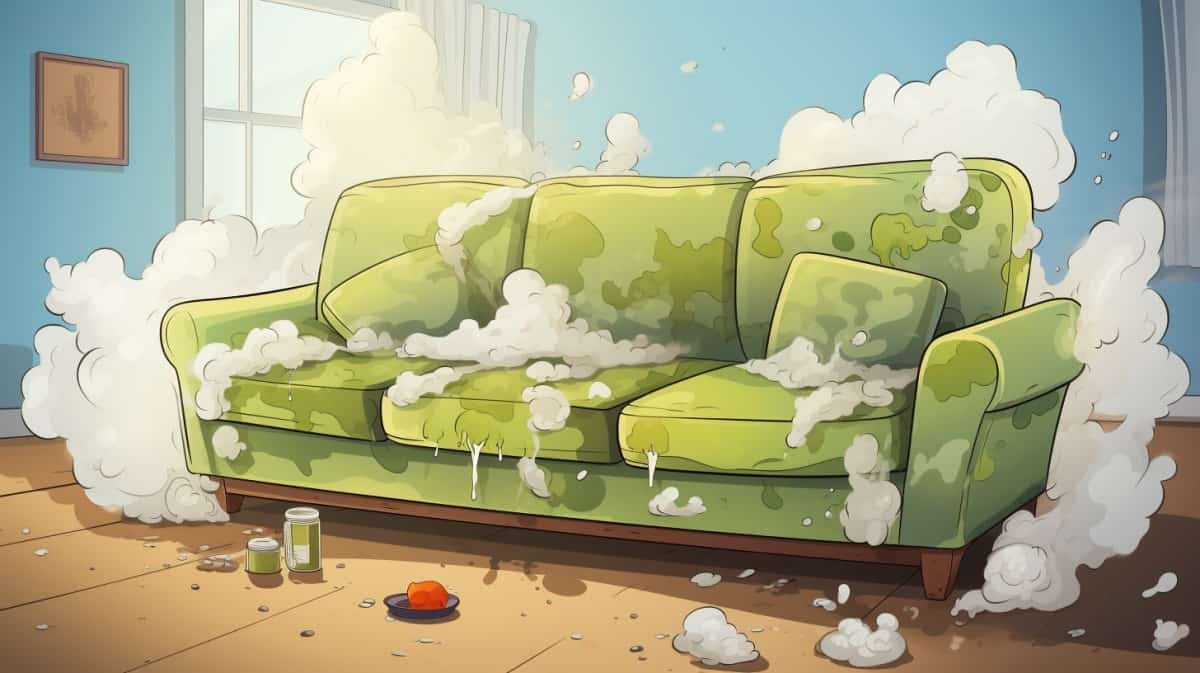A couch that smells with smelly clouds around it