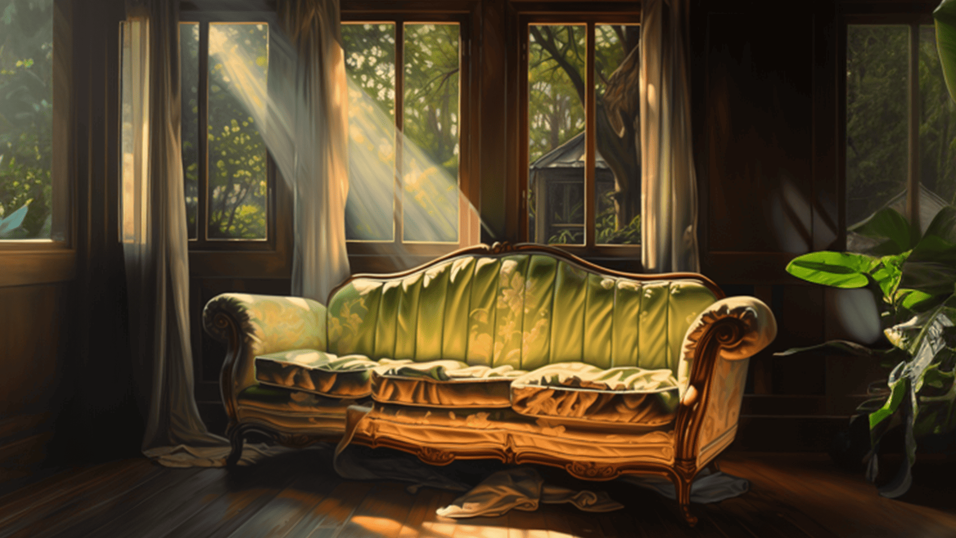 A beautiful traditional couch in a well lit sunny room in the woods