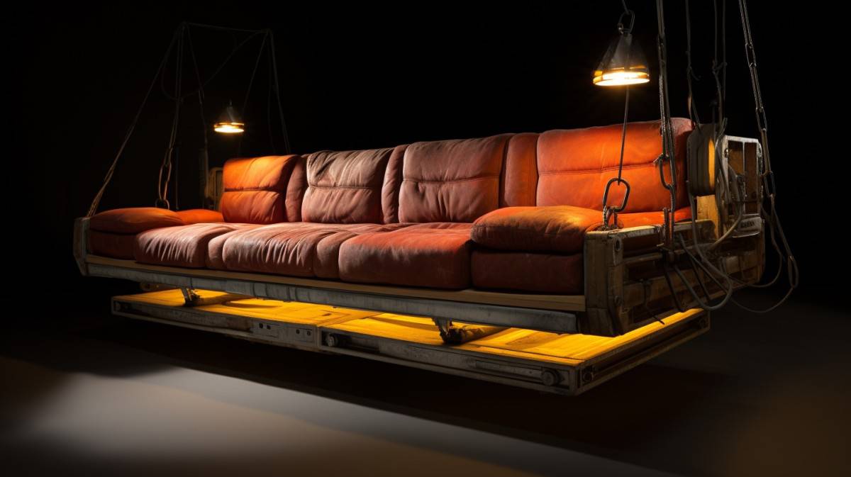 a couch being raised on hydraulic lifts