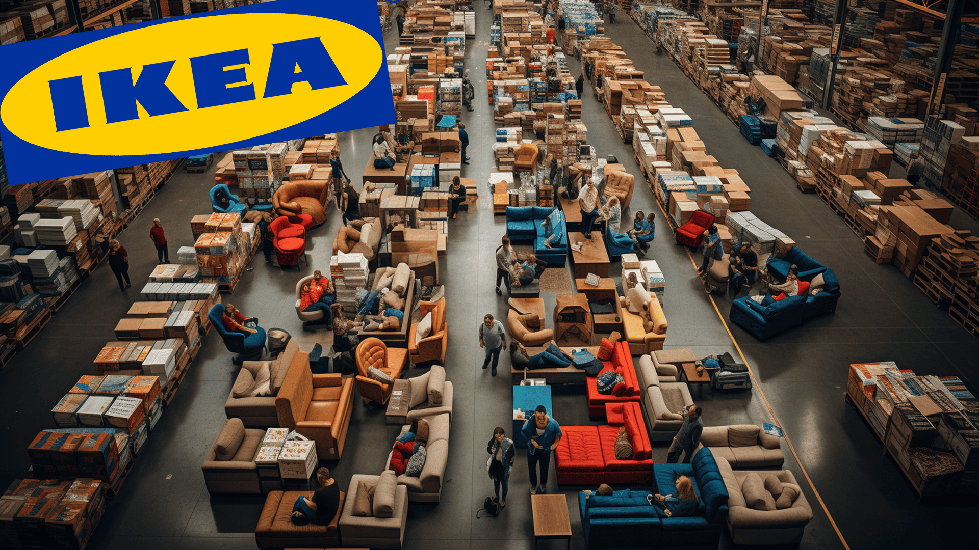 Ikea warehouse overhead view of couches on display in retail setting
