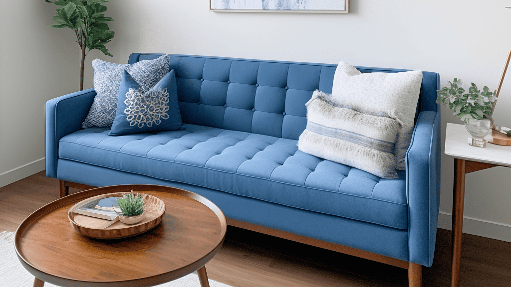 Just a nice modern blue couch with button tufted seats and back cushions