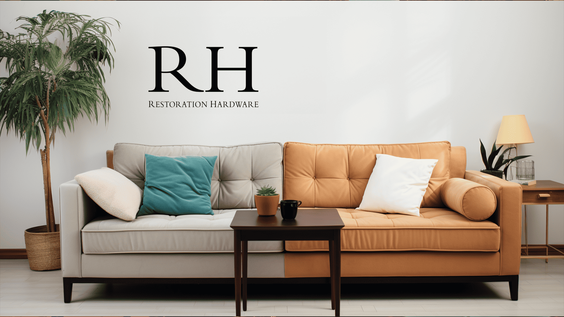 restoration hardware split sofa depicting the choice between fabric and leather