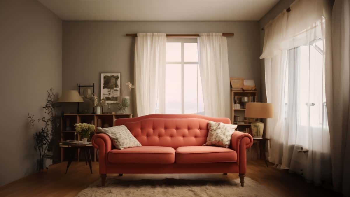 red couch with tufting in a traditional shabby chic living room