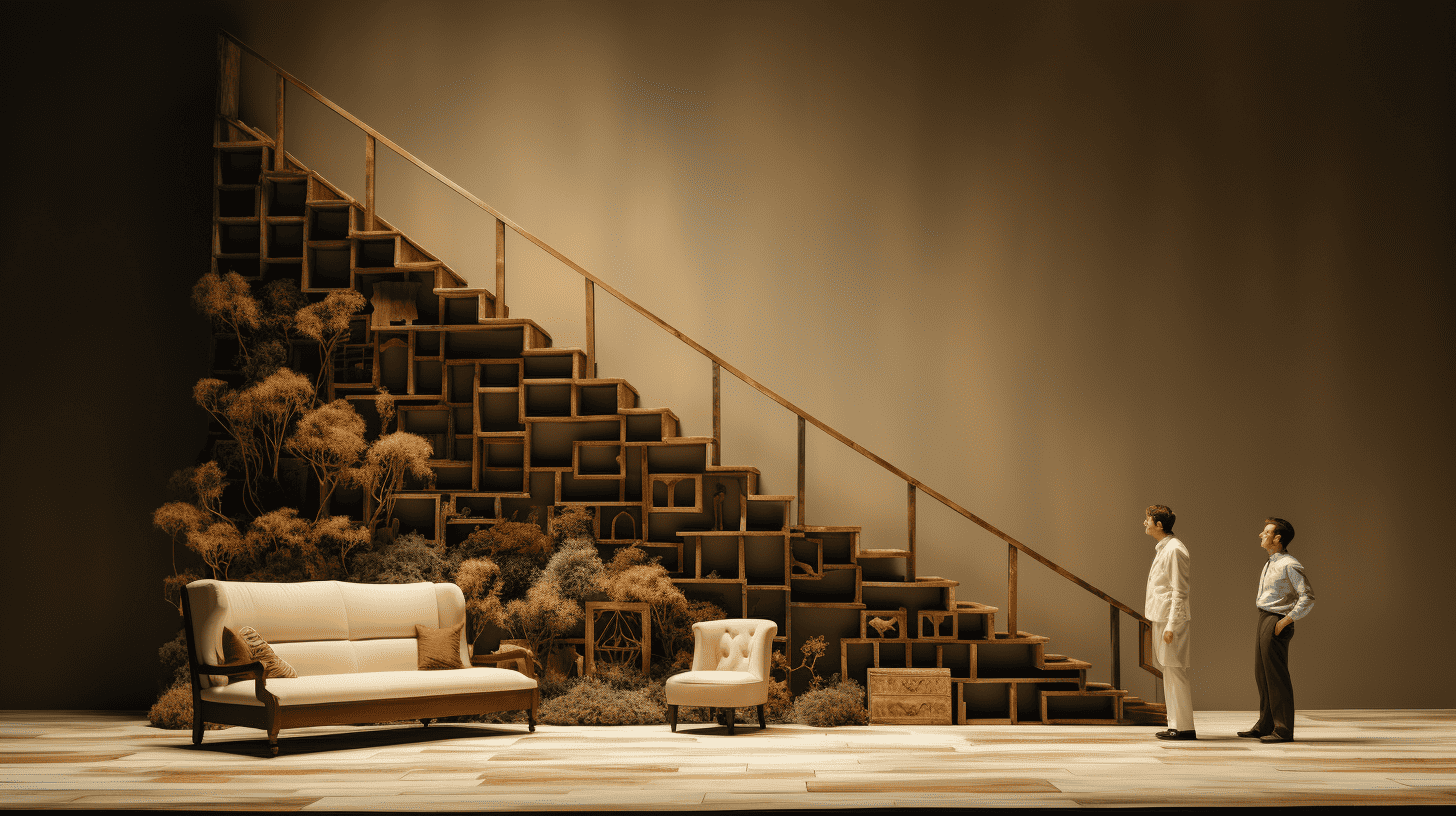 a couch at the end of a dreamlike set of endless stairs