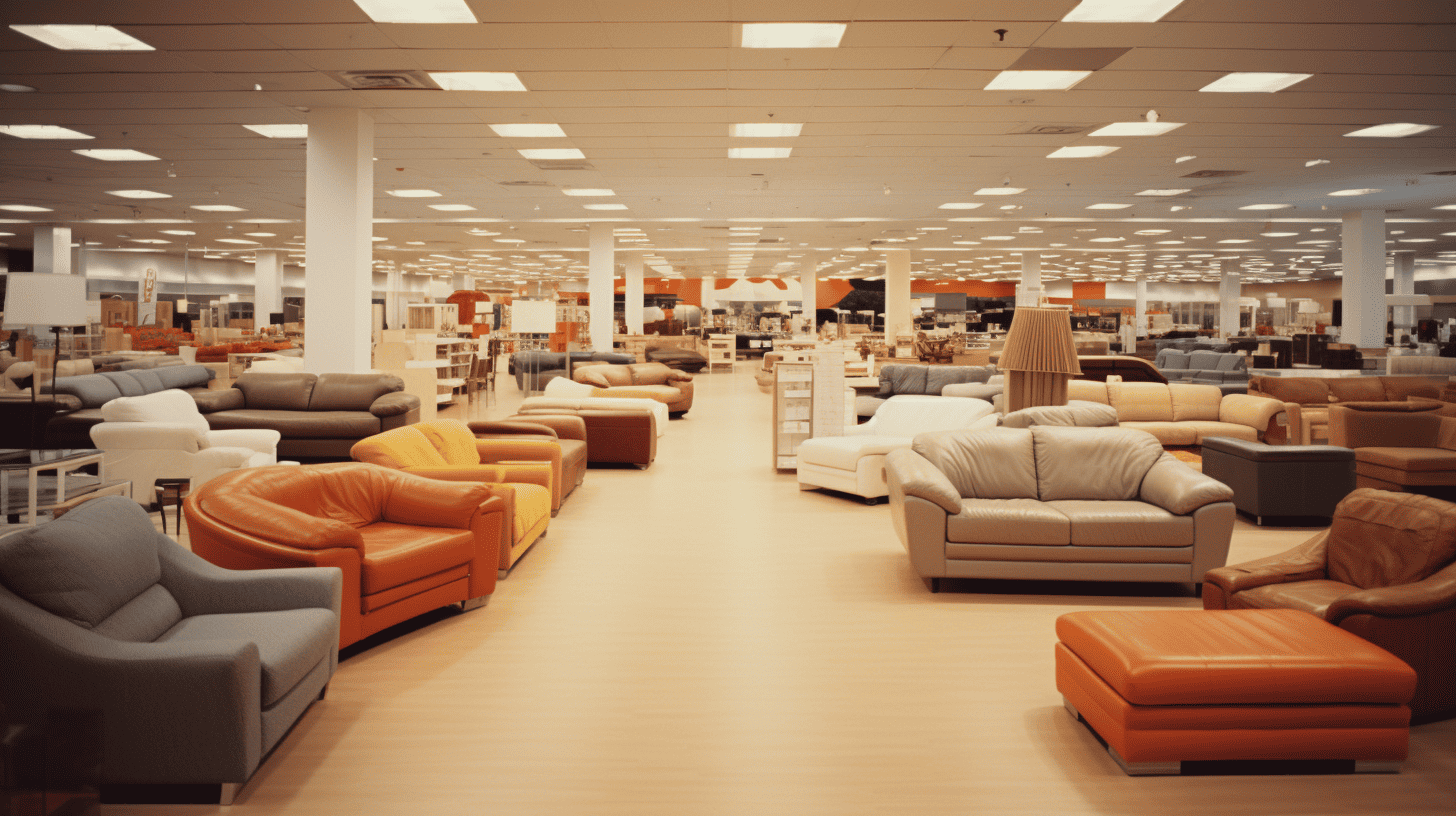 a depiction of a big department store full of couches a la Walmart if Walmart only sold couches
