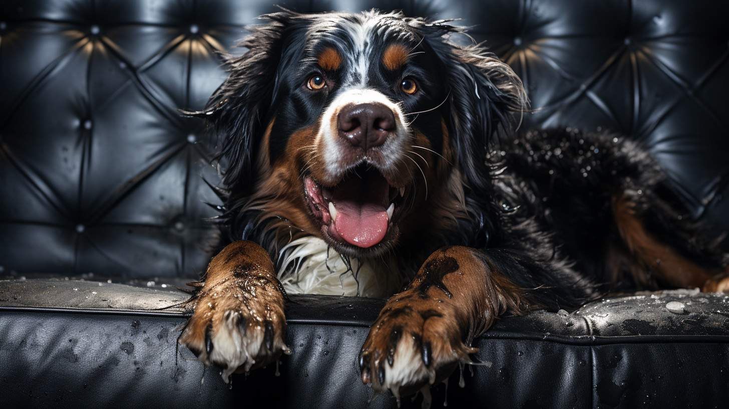 A very dirty and wet Bernese Mountain Dog on a shiny black leather sofa