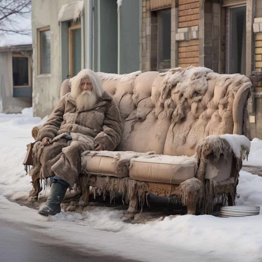 old man old couch outside in winter