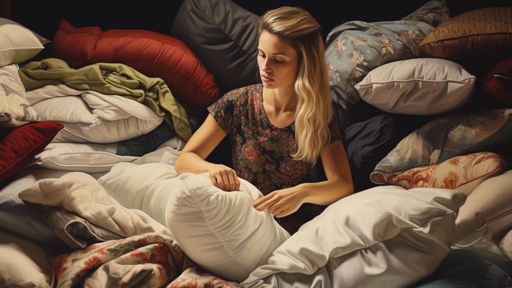 Artist rendering of a woman restuffing pillows