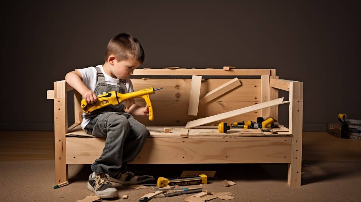 a little kid handyman building a couch