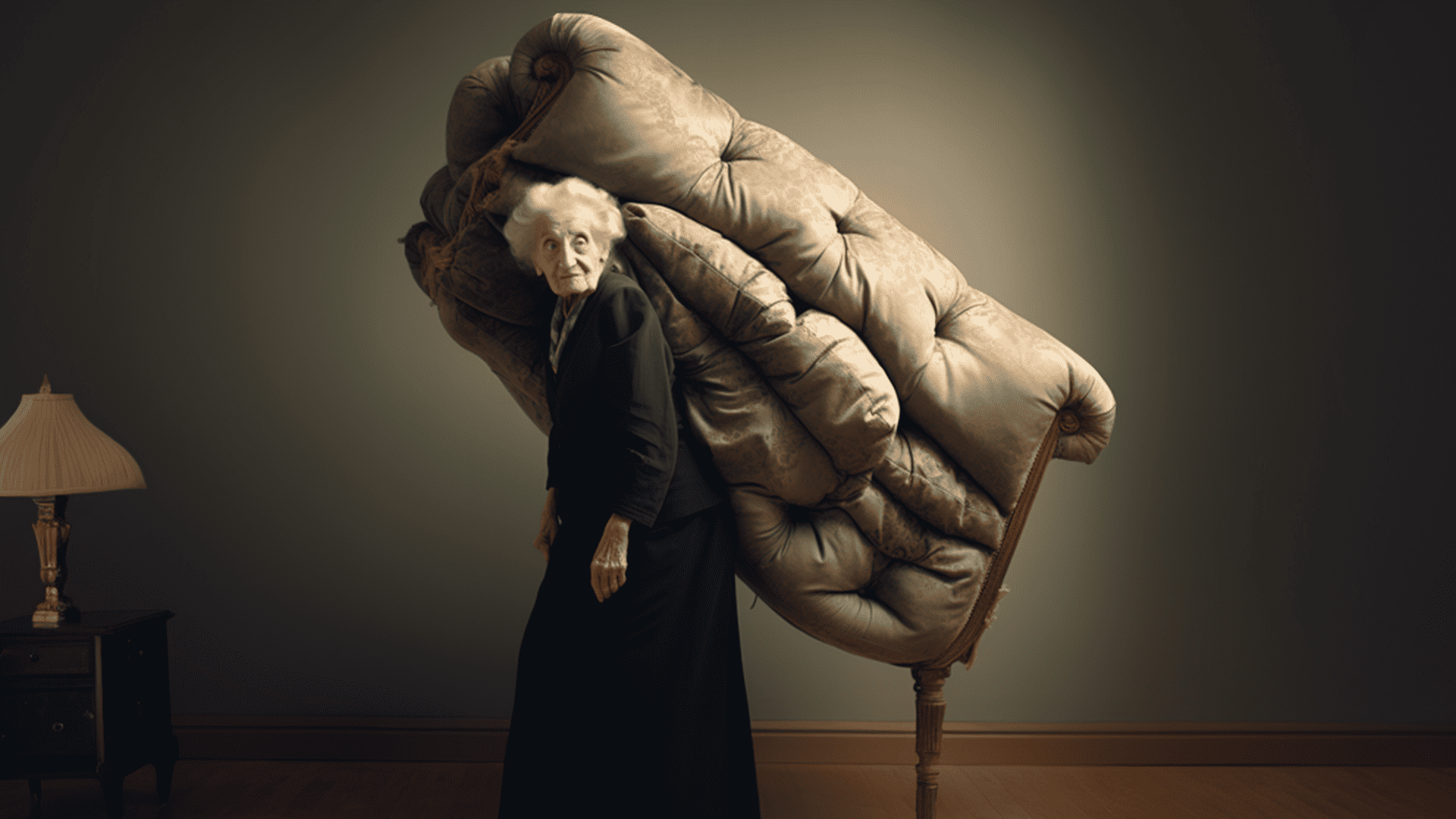 An old woman carrying around a figurative couch on her back to depict that she carries back pain constantly because of her couch