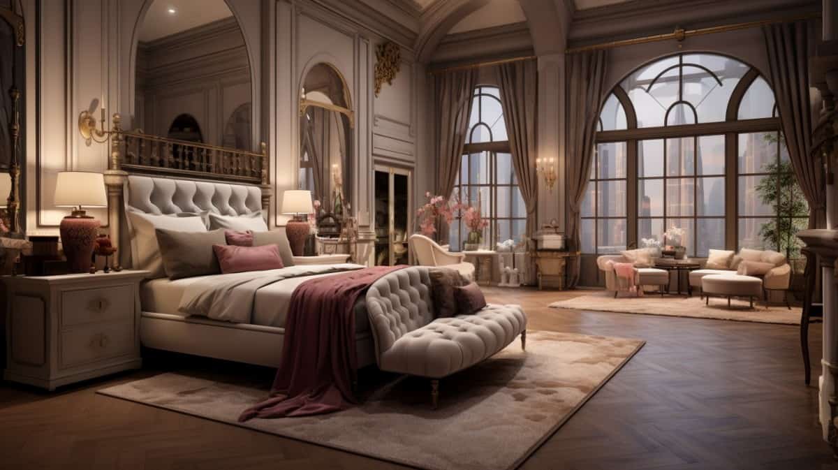 beautiful bedroom with a couch at the end of the bed