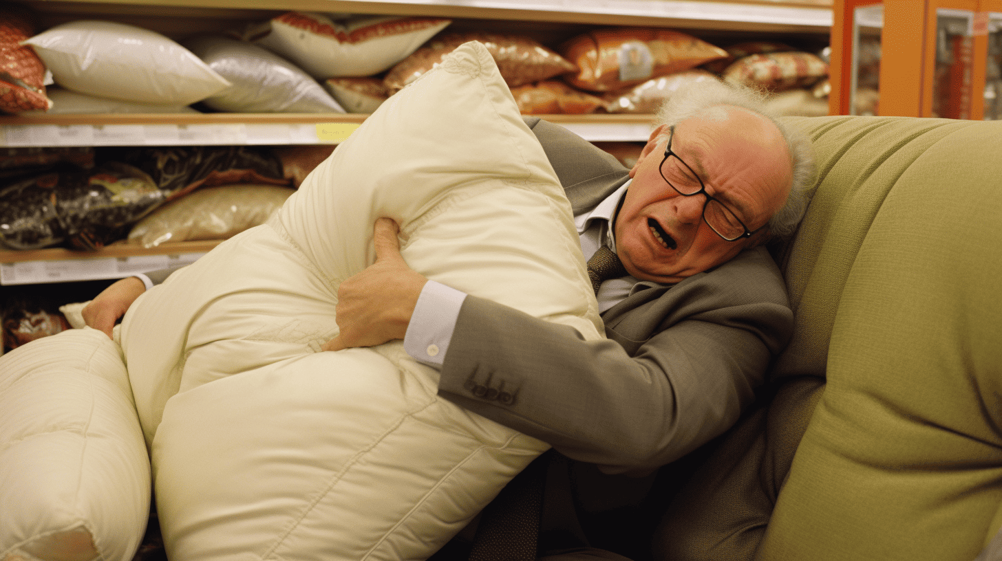 an old man sleeping or possibly in pain clutching a pillow because he might be having a heart attack on the couch
