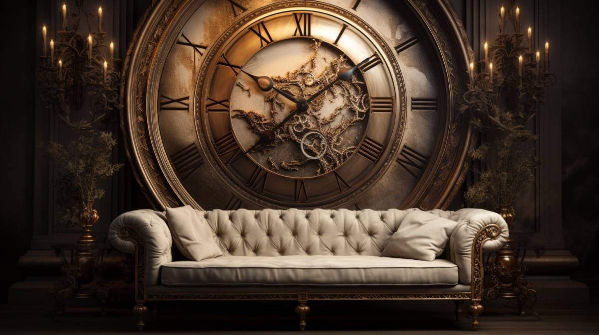 couch in front of a huge old timey clock with big dials