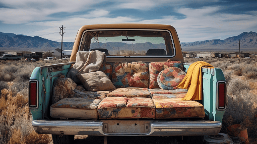 couch cushions nestled in the back of a pickup truck