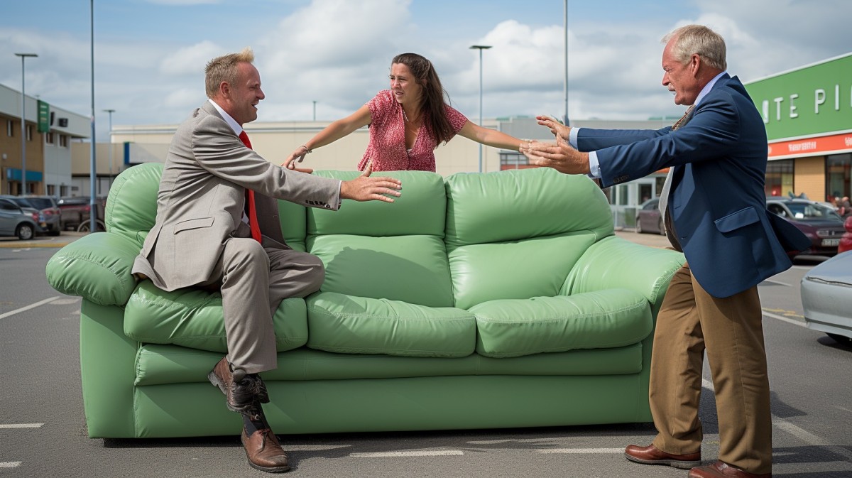 Couch salesman is pushy with couple in a parking lot