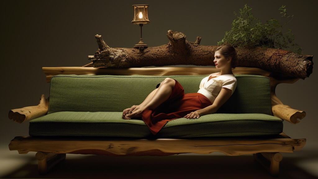 A beautiful woman sitting on a couch made of all natural wood