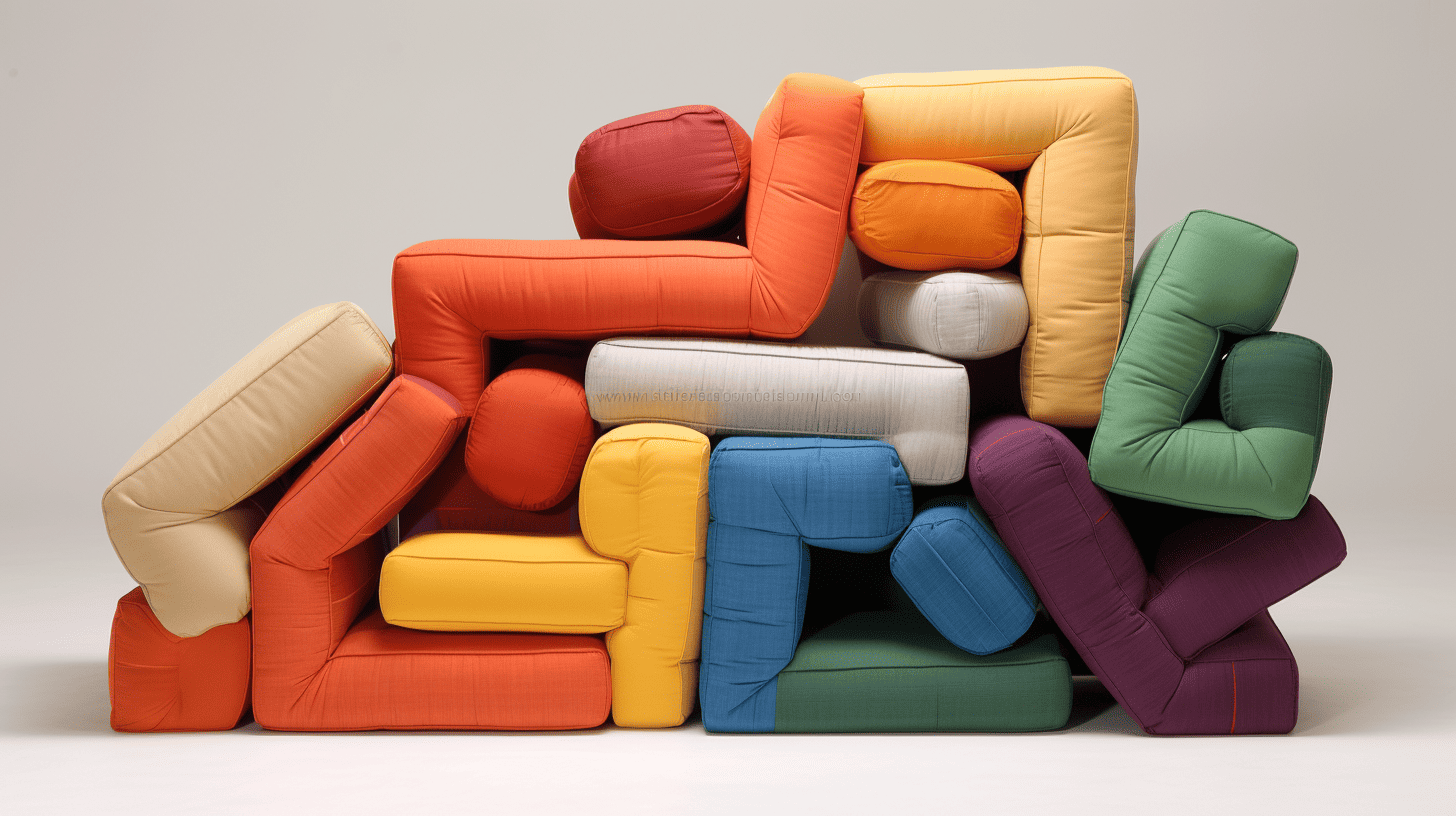 a very inventive and artistic pile of rainbow multi-colored cushions