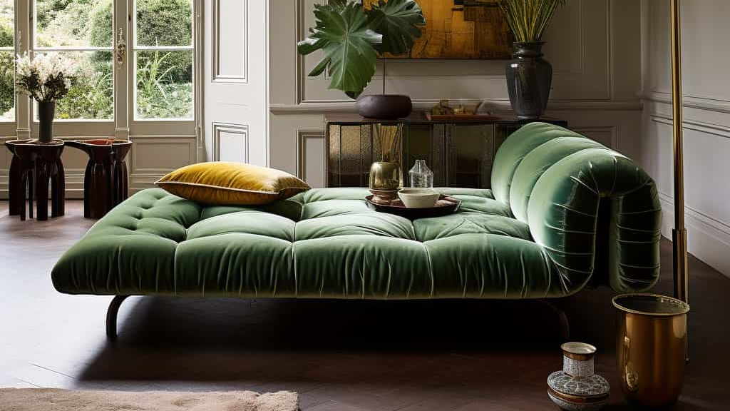 green velvet daybed in an opulent room with many plants