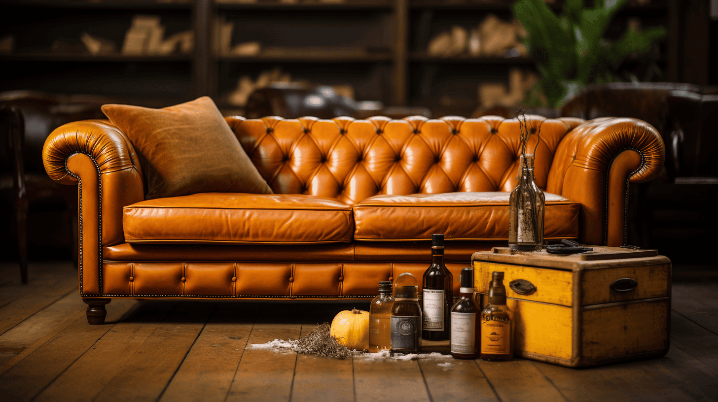 a brown leather chesterfield couch with many chemicals and potions to clean it with