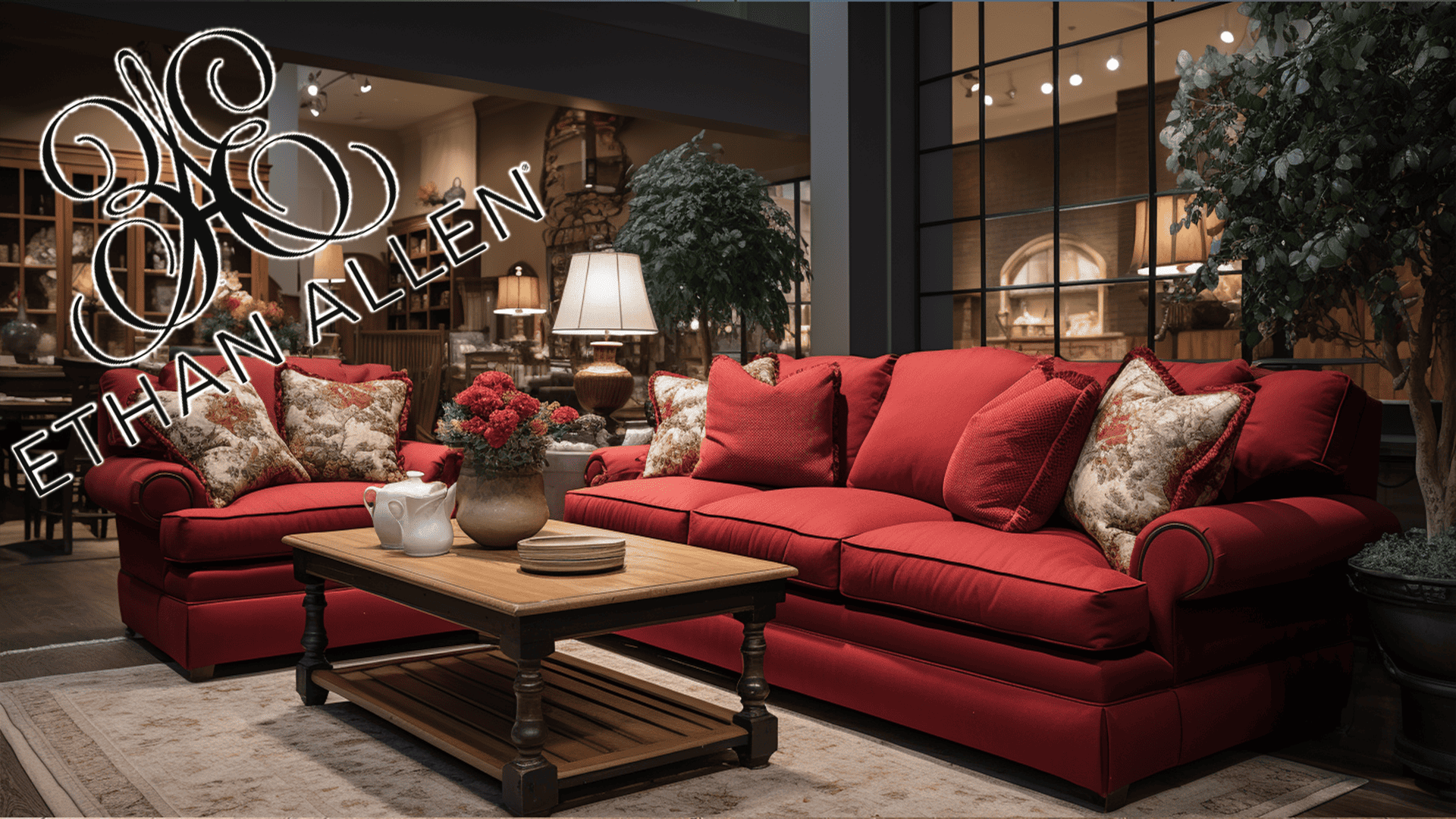 Ethan Allen Couch in retail showroom with Ethan Allen logo