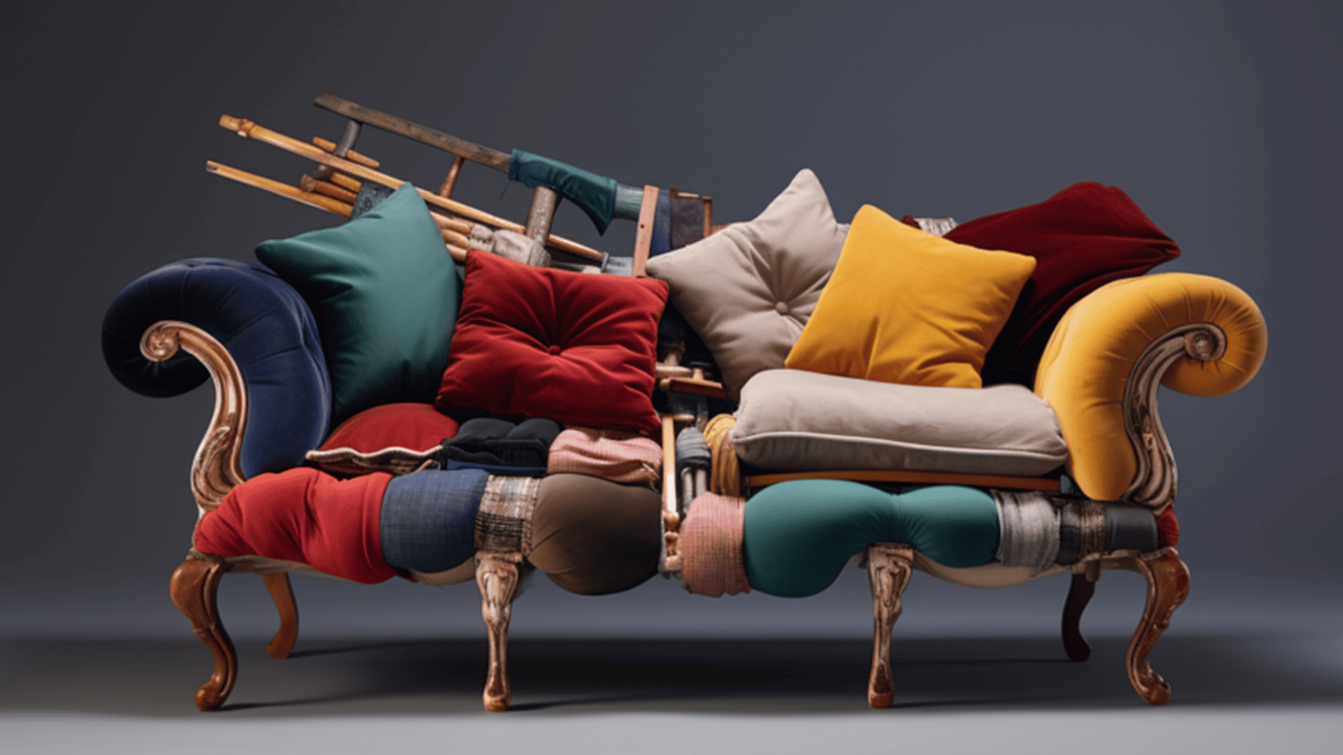 An imaginary couch made of many different styles and fabrics to represent the virtually infinite options out there