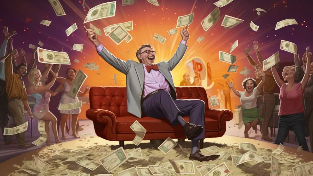 A man resembling Bill Gates sitting on a tufted orange couch with dollar bills flying all over the place into the crowd of people around him