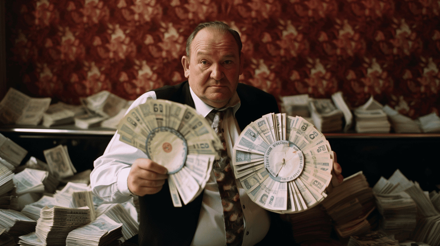 A 1940's banker holding rolls and wads of cash in a decorative fanned out manner