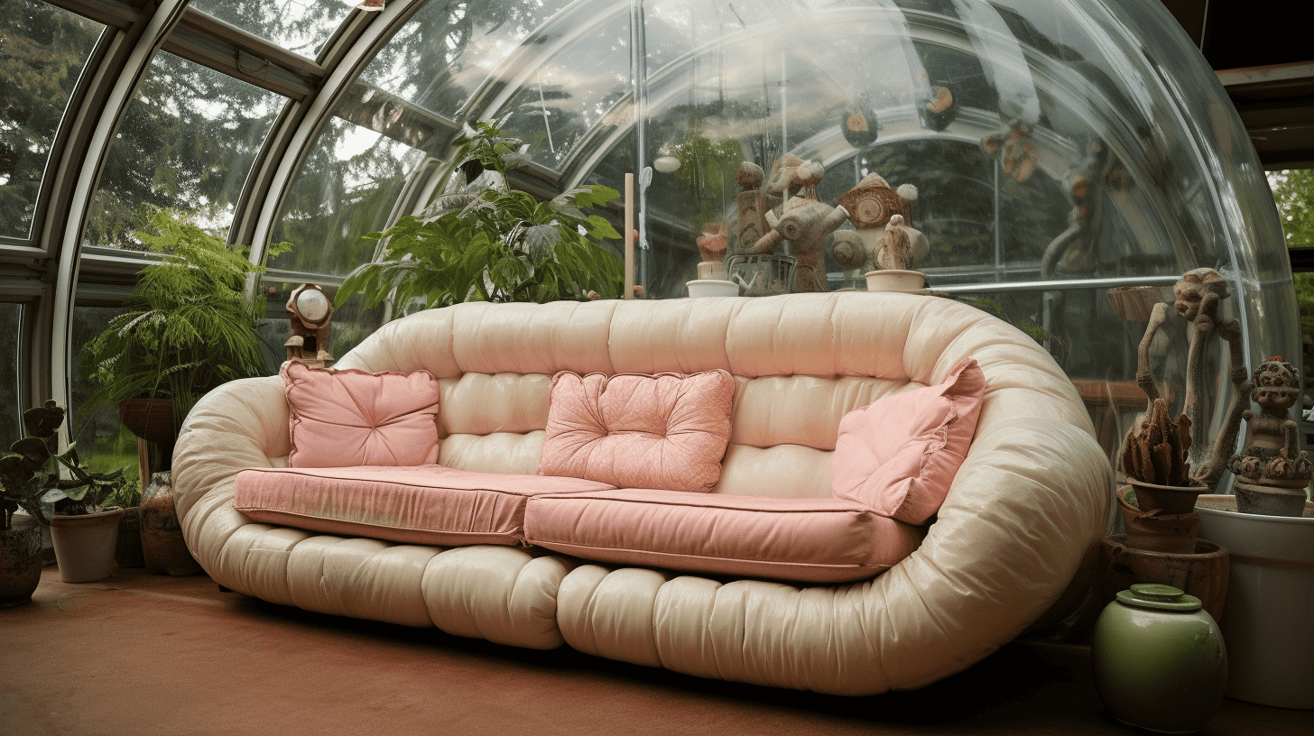 a retro modern imaginative sofa with tufted cushions inside a greenhouse