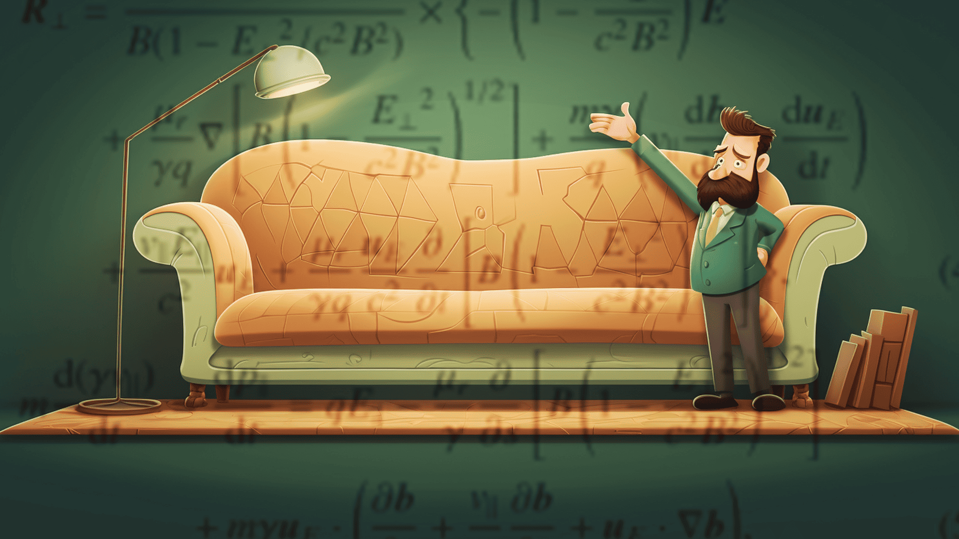 An image of a mathematician standing in front of a couch with equations flying through the air to depict the difficulty of measuring your couch