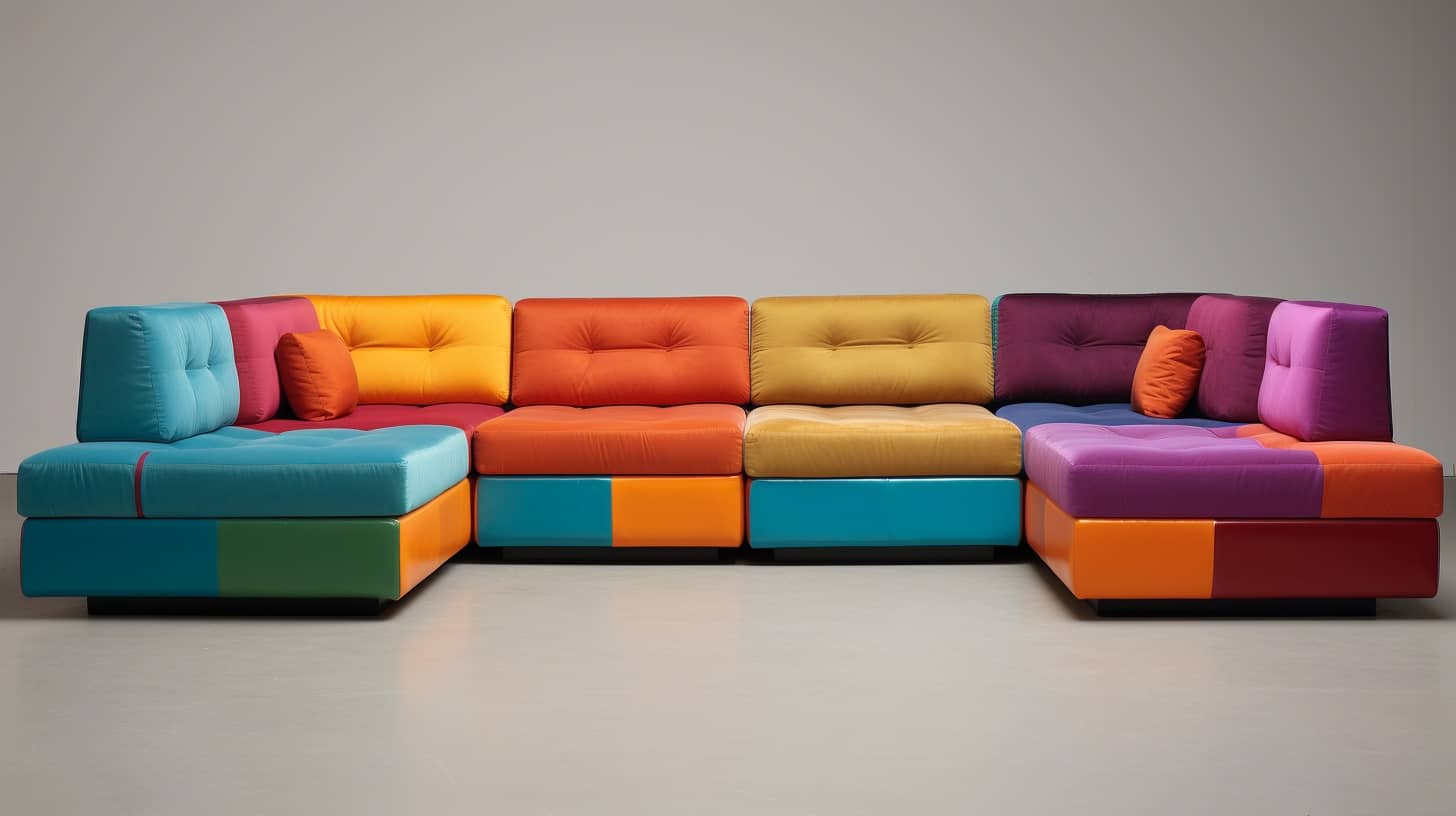 a conceptual rainbow colored modular couch depicting the myriad of ways to make one