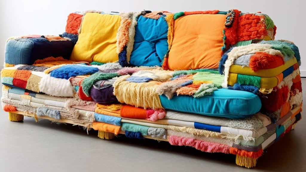 a couch made of hundreds of different fabrics with different colors and textures