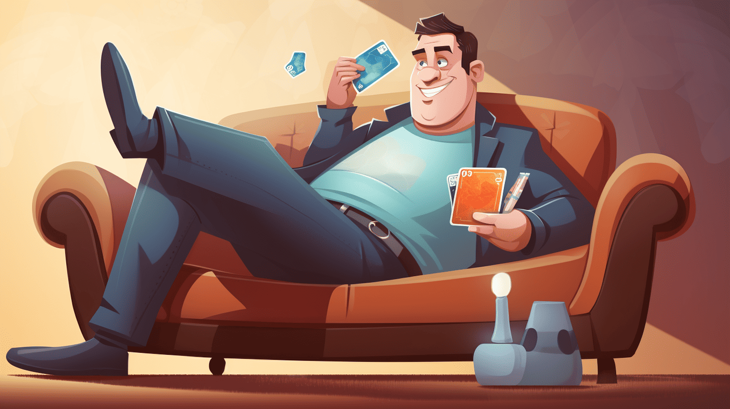 a cartoon man sitting on a couch looking at his credit cards in a joyful way