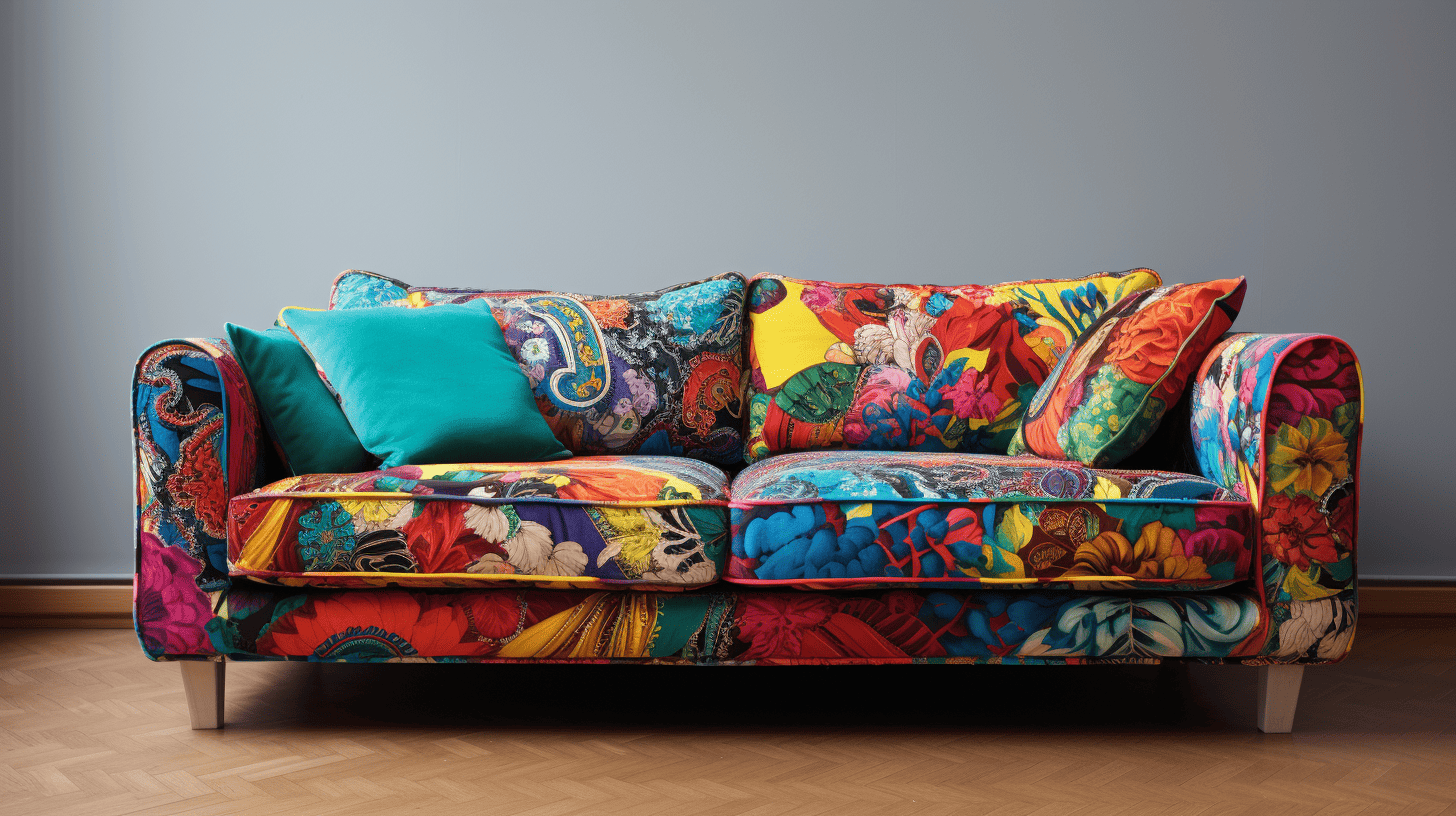 A refurbished reupholstered couch with a very cool multicolored fabric