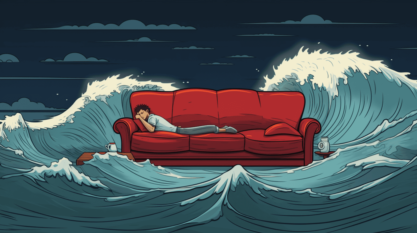 a man asleep on an extremely comfortable couch floating in the sea