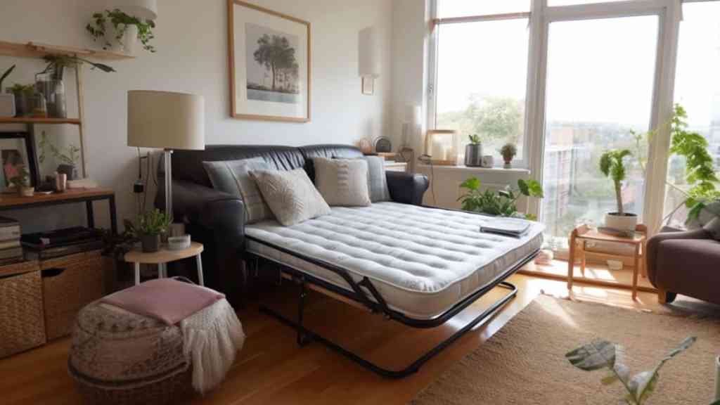 an open leather sleeper sofa with an exposed mattress with no sheets on it