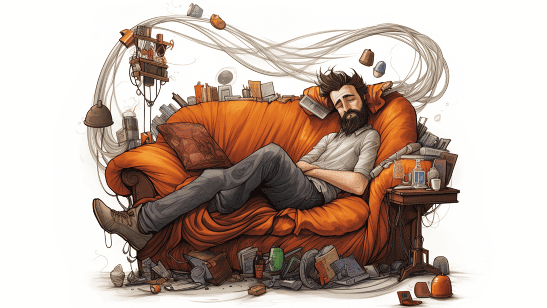 An animated man sleeping on a crazy couch representing the dreams that he's having