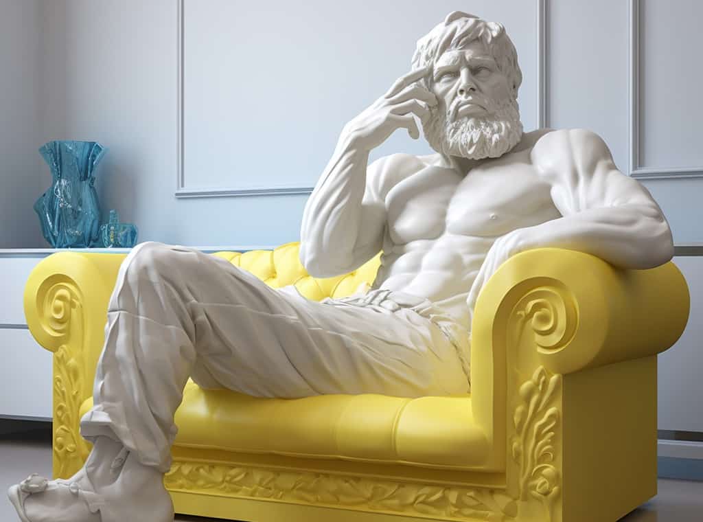 The Thinker on a bright yellow sleeper sofa contemplating