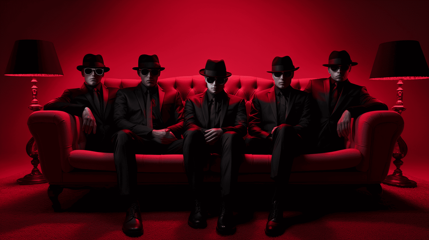 a mysterious group of individuals wearing hats and suits and sunglasses in a dark red room