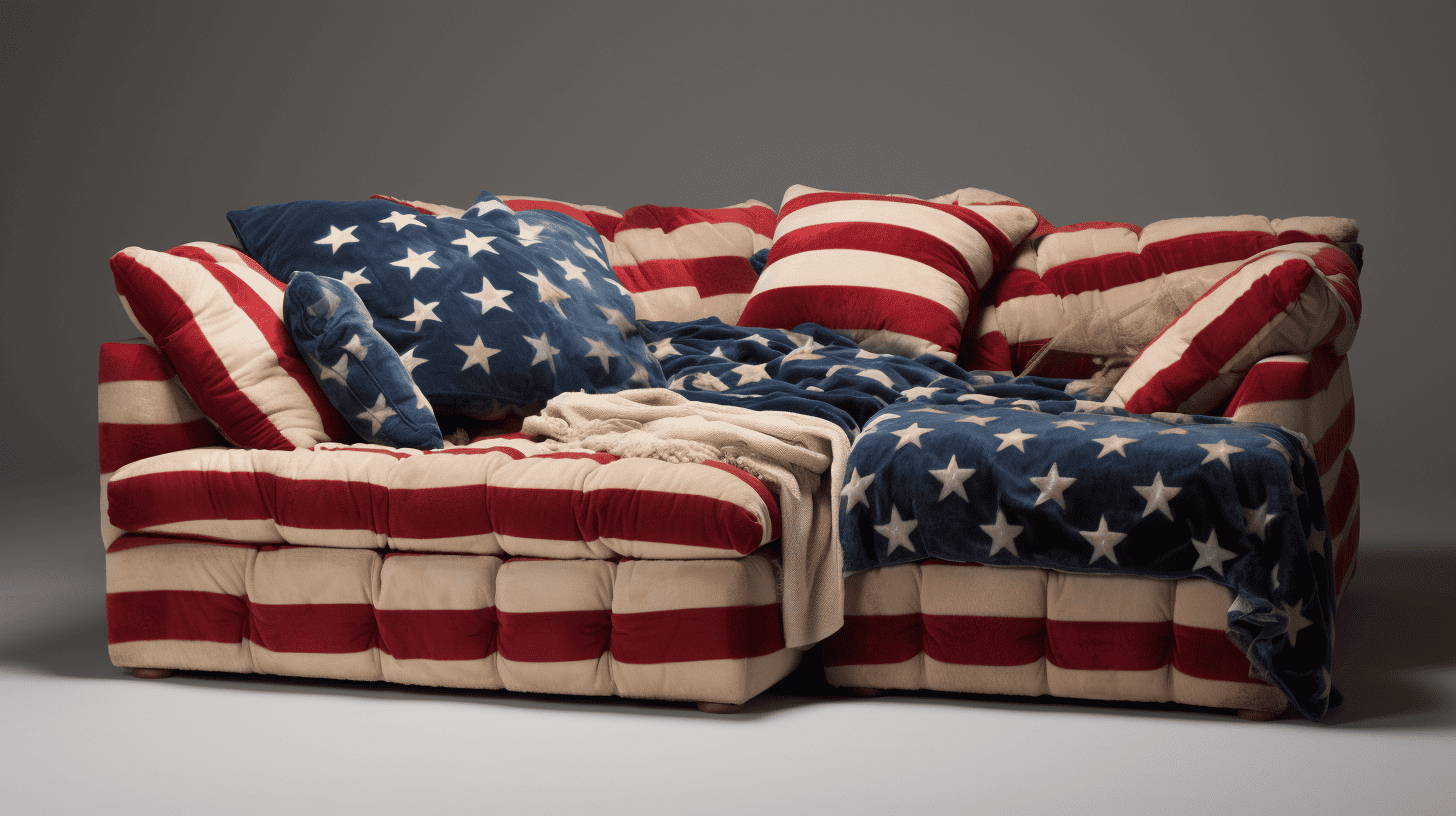 A sofa wrapped in an American flag fabrics
