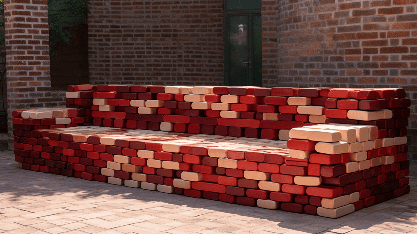 an imaginative couch made of bricks sitting in a room full of bricks