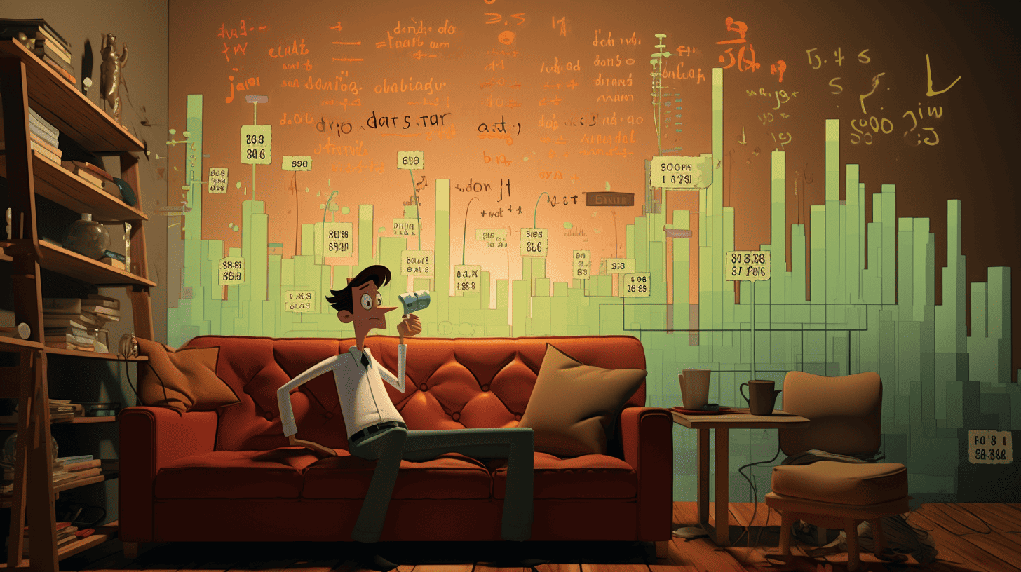 A cartoon man sitting on a couch trying to understand charts and figures in his brain
