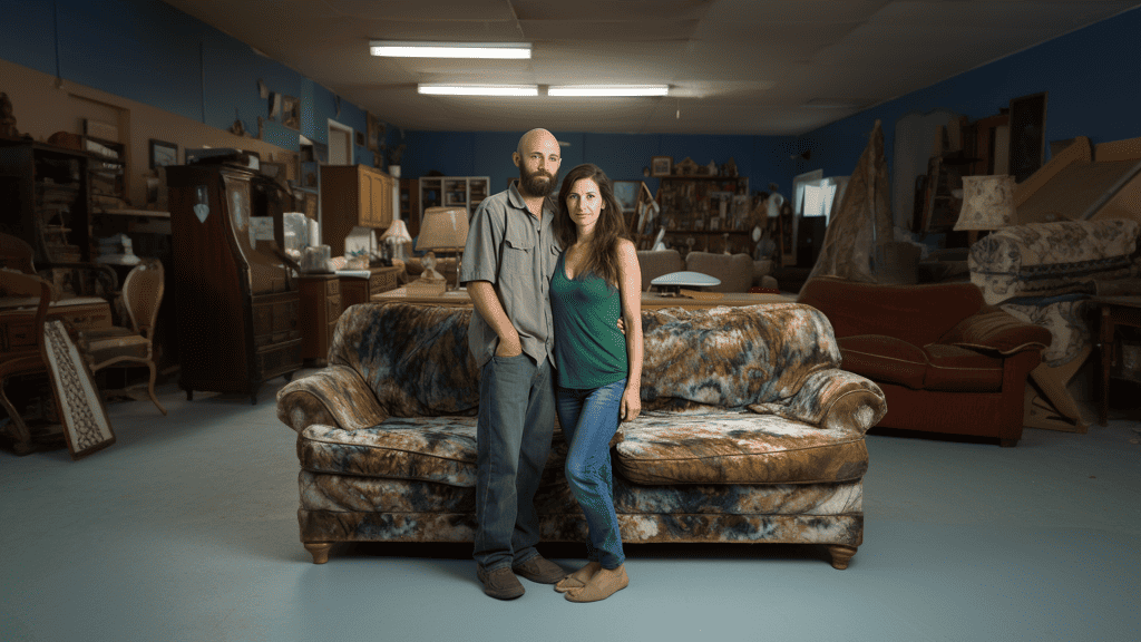 A married couple feels good after donating a sleeper sofa to a charitable cause