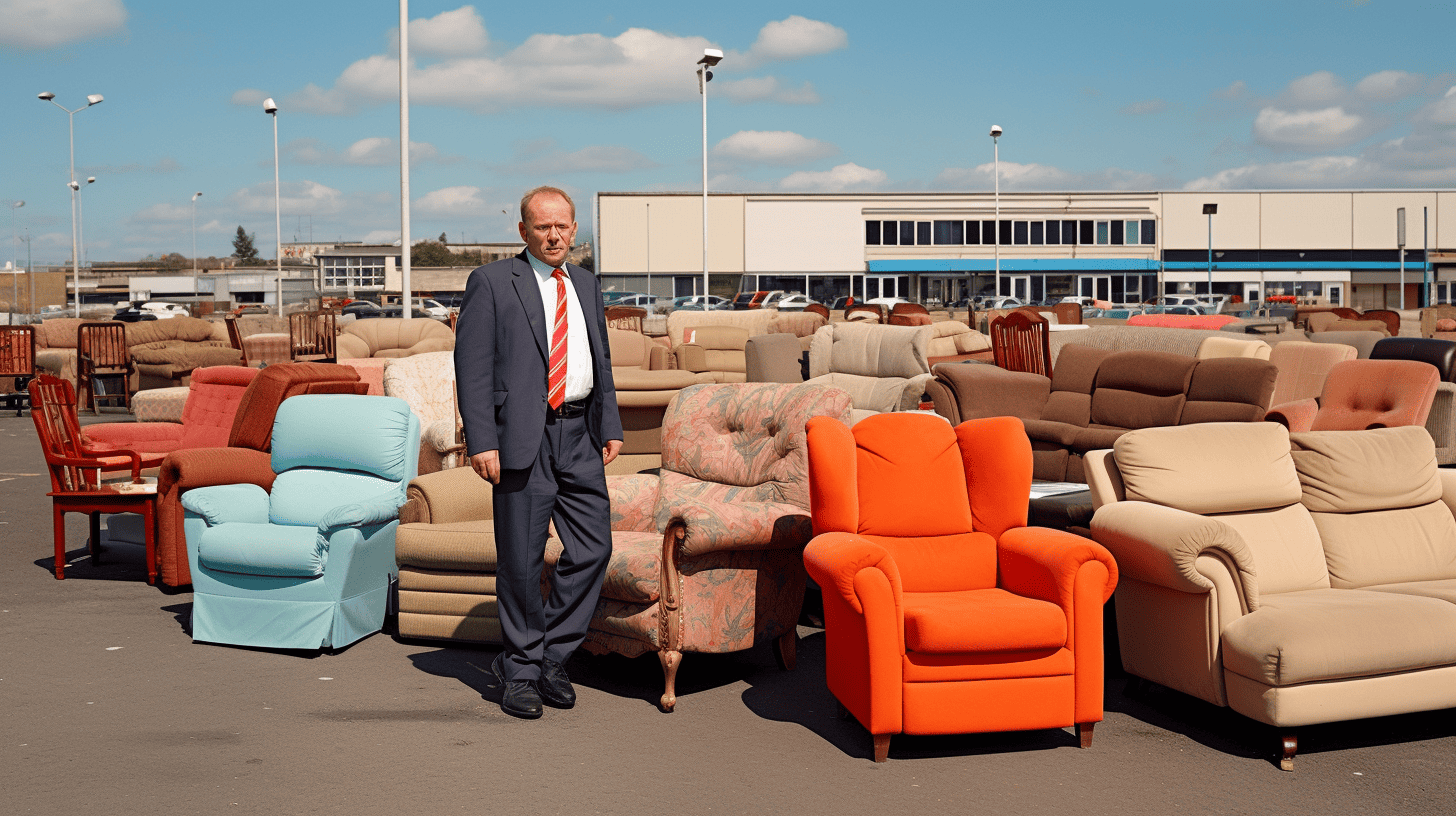 a pushy furniture salesman emulating a used car salesman with furniture in the parking lot of a retail store