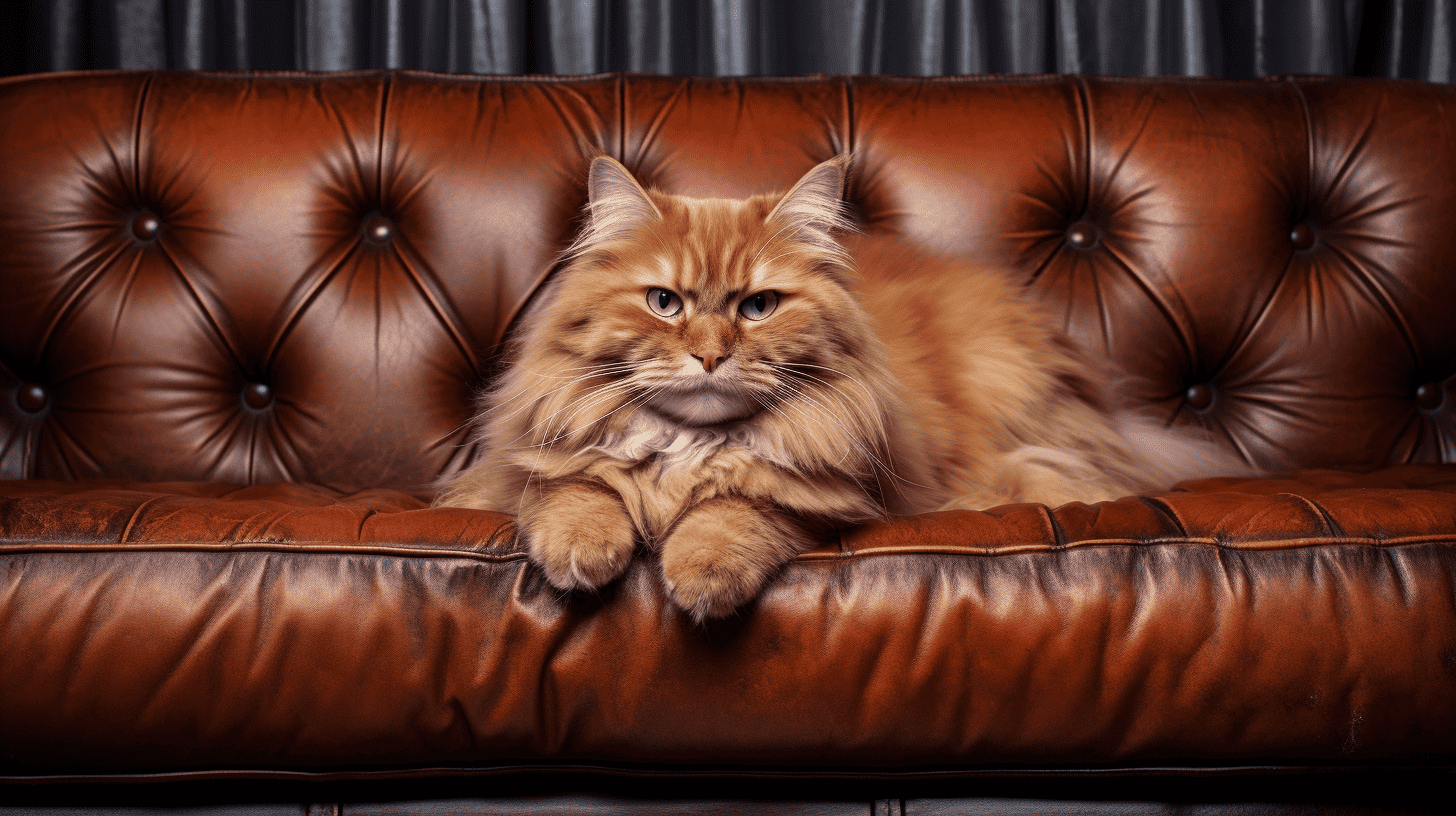 a contemplative cat on a rich leather couch