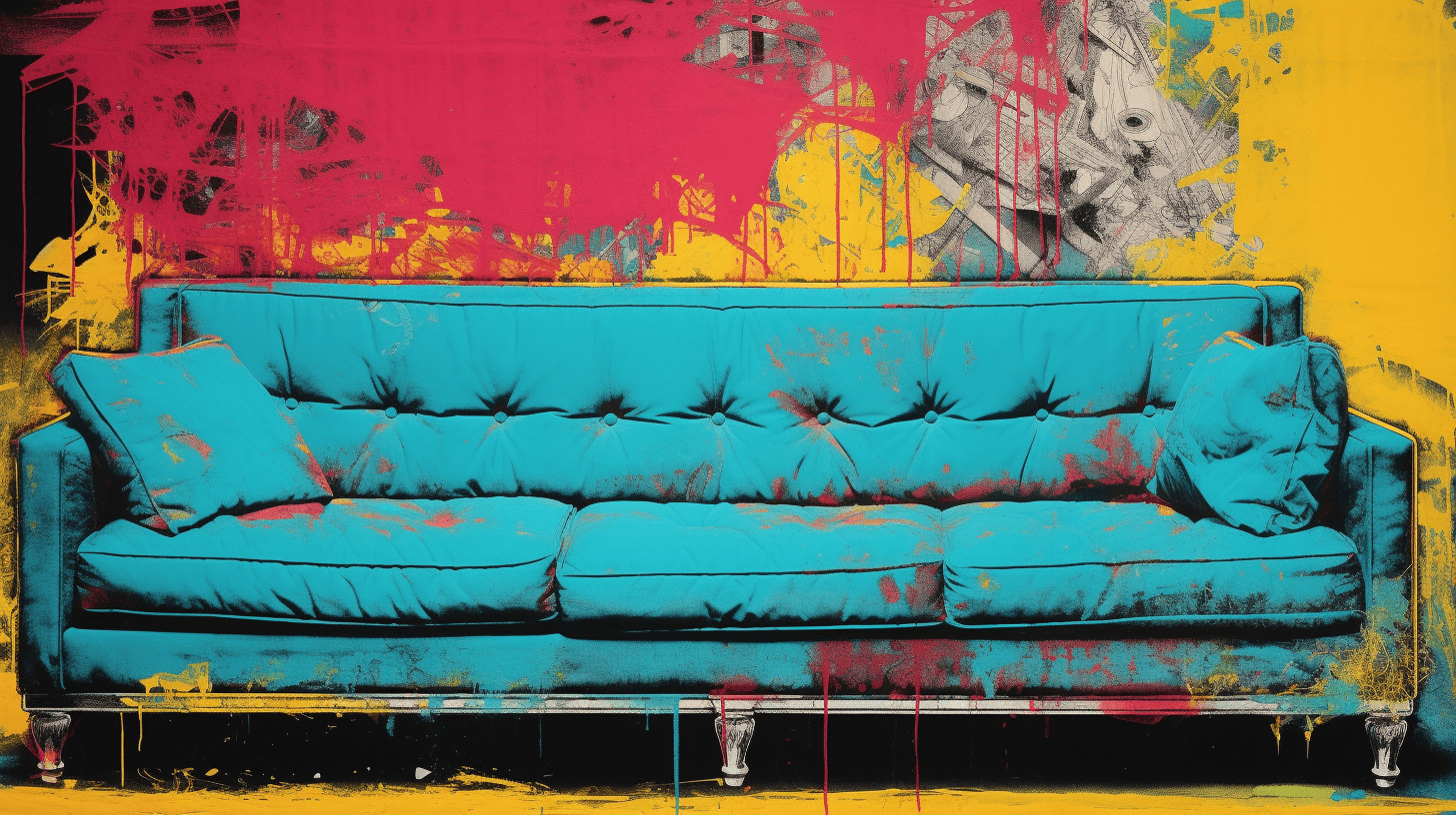 A popular mid-century modern couch as if it were painted by Andy Warhol