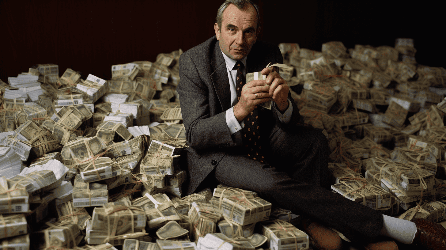 man sitting on a pile of cash counting money